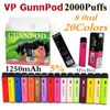 Original GunnPod Disposables Vape E Cigarettes Kit de démarrage de l'appareil 2000 Puffs 1250mAh Batterie Pré-remplie 8ml Pod Stick Pen Authentique en gros