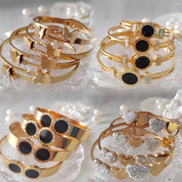 Brazalete 1 Uds. Pulsera de acero inoxidable acrílico negro a la moda para mujer, corazón romántico, bonita mariposa, brazaletes ovalados, regalo de Color dorado para mujer