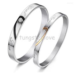 Jonc 1 Pièce Couples Bracelets Coeur Acier Inoxydable "Real Love" Gravé Promesse Pour Avec Strass