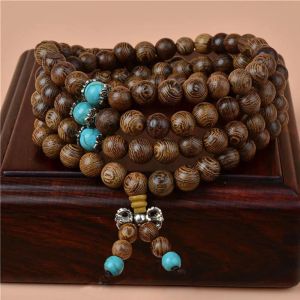 Bracelets en bois 108 Bracelets en perles pour hommes femmes Sandale Bouddhiste Bouddha Prime Blue Turquoise Multicouche Bracelets 6 mm