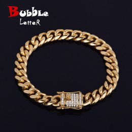 Bracciale rigido da uomo in acciaio inossidabile cubano da 10 mm Bracciale a maglie Miami con chiusura con strass ghiacciato Bracciale hip-hop color oro Catena 21,5 cm