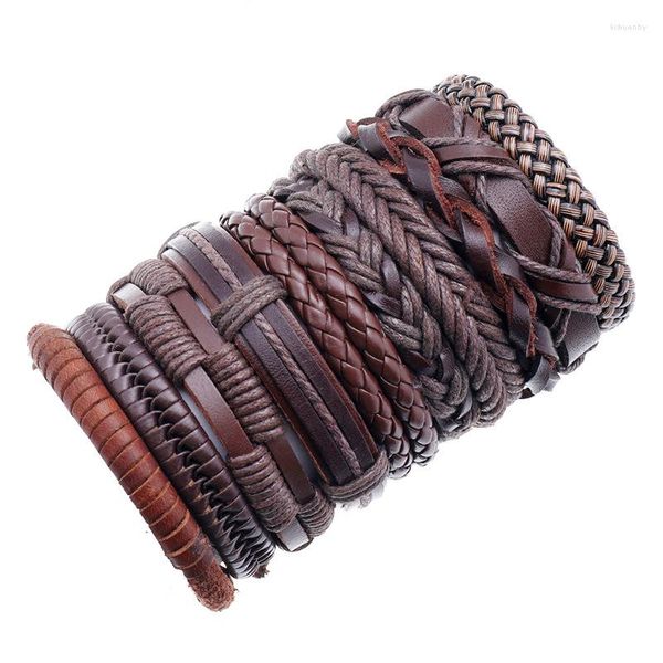 Brazalete 10 unids/set pulsera trenzada hecha a mano abrigo tribal étnico pulseras de cuero genuino marrón para hombres y mujeres brazaletes de cuero de vaca estilo punk