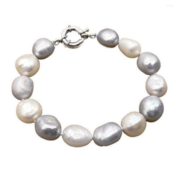 Jonc 11mm Bracelet Semi Baroque Irrégulier Blanc Gris Couleur Mixte Perles Naturelles D'eau Douce Eté Et Simple