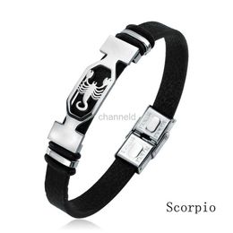 Bracelet 12 constellation bracelet en acier inoxydable hommes femmes signe du zodiaque bracelet en cuir noir bijoux Pulseras Hombre 240319