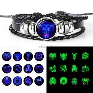 Brazalete 12 constelación signo del zodíaco pulsera trenzada de cuero negro cáncer Leo Virgo Libra cúpula de vidrio tejida joyería punk pulsera de hombre 240319