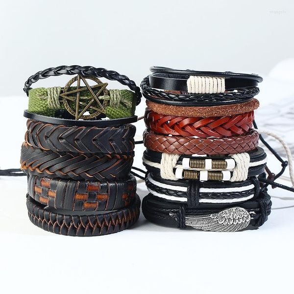 Brazalete 12 unids/set estilo Punk Vintage pulseras de plumas cuero genuino mujeres brazaletes hombres ajustable cuero de vaca pulsera regalo joyería