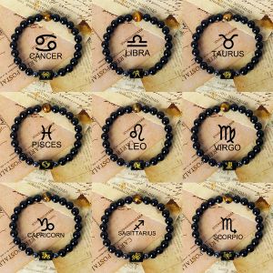 Bracele 12 Signes du zodiaque Bracelets de charme Men 2024 Balance Obsidian Tiger Eye Stone Bouded Bracelets for Women Constellation Couple Jewelry