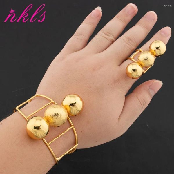 Brazalete de oro de 18 quilates con conjunto de anillos, diseño de cuentas redondas de Dubái, pulsera africana italiana de lujo, joyería de uso diario para bodas