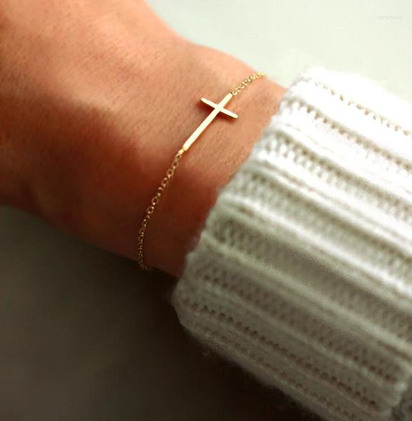 Brazalete de acero inoxidable chapado en oro de 18 quilates, pulsera con colgante de cruz, joyería religiosa de alta calidad, tendencia al por mayor