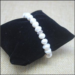 Brazalete 1 pulsera de perlas blancas con bola de diamantes de imitación para boda o fiesta, tamaño de joyería de 8,-9mm de agua dulce cultivada
