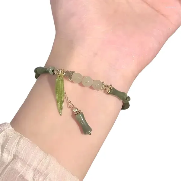 Brazalete 1 Unids Hecho A Mano Color Verde Piedra Natural Hojas De Bambú Hojas De Borla Cuentas Pulsera Con Cuentas Para Mujeres Accesorios