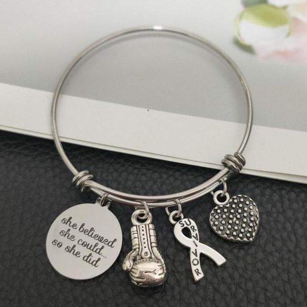 Brazalete de acero inoxidable de 2,5 pulgadas para concienciar sobre el cáncer de mama, cinta de luchador expandible, dijes de inspiración, pulsera de superviviente, regalo