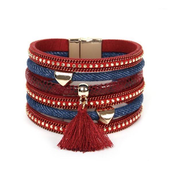 Brazalete 2021 Moda Mujer Pulsera de cuero Hebilla magnética Pulsera Multicapa Wrap Denim Borla Mujer Joyería Regalo Pulseras