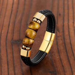 Bracelet 2021 Nouveau 3 pages en pierre naturelle œil de tigre style sport bracelet de bijoux pour hommes bracelet en acier inoxydable 316L cordon en cuir noir 240319