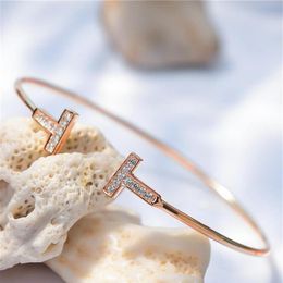 Bracelet 2021 Simple Géométrique Double T En Forme De Diamant Bracelet En Or Rose Fine Bijoux Ouverts Female245c