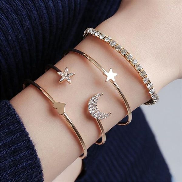 Brazalete 2022 5 PCS / SET Moda de mujer Crystal Heart Moon Star Gold Pulsera Set Bohemian Vintage Jewelry al por mayor