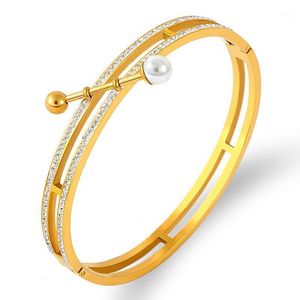 Armband 2022 holle dubbele rij volledige strass parel armband titanium stalen zirconia gouden vrouw fijne sieraden bijoux