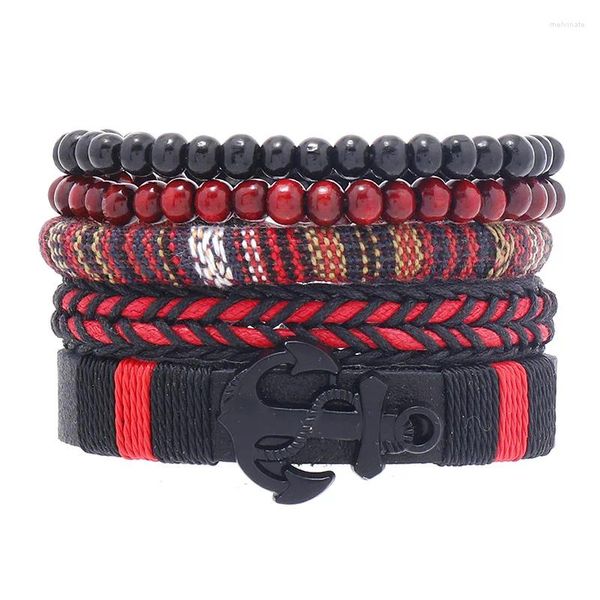 Brazalete 2023 pulseras de cuero trenzadas hechas a mano de moda para hombres cuentas de madera con dijes Vintage pulseras tribales étnicas 5 unids/set