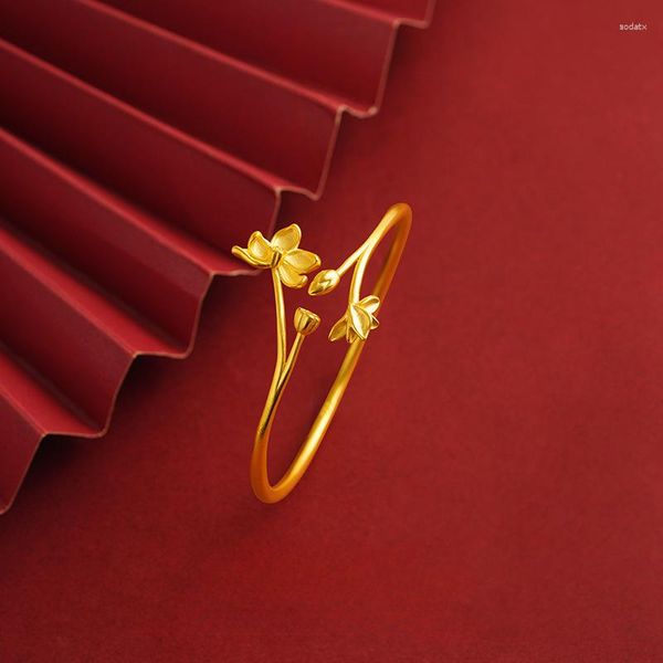 Brazalete de loto chapado en oro de 24 quilates para mujer, pulsera de flor de belleza de la suerte ajustable, regalo de joyería de la suerte china