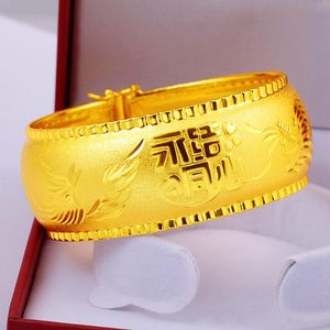 Bracelet 25mm d'épaisseur mariage femmes bracelet bracelet chinois traditionnel bijoux 18k or jaune rempli classique dame nuptiale cadeau de fiançailles