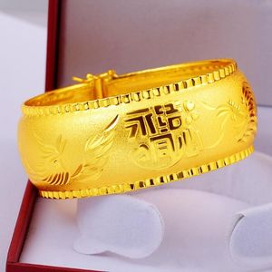 Brazalete de 25 mm de grosor para boda, pulsera para mujer, joyería tradicional china, oro amarillo de 18 quilates, brazalete de regalo de compromiso clásico para mujer