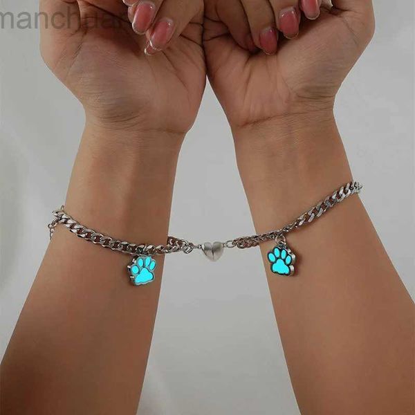 Bracelet 2pcs Couple coeur bracelets pour hommes amitié amant bijoux brillent dans le noir animal de compagnie chien chat animal patte charme chaînes cubaines bracelet ldd240312