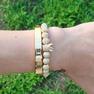 Bracelet 2 pièces/ensemble perles de cuivre de luxe roi couronne hommes Bracelet en acier inoxydable CZ boule macramé Bracelets Bracelets pour bijoux