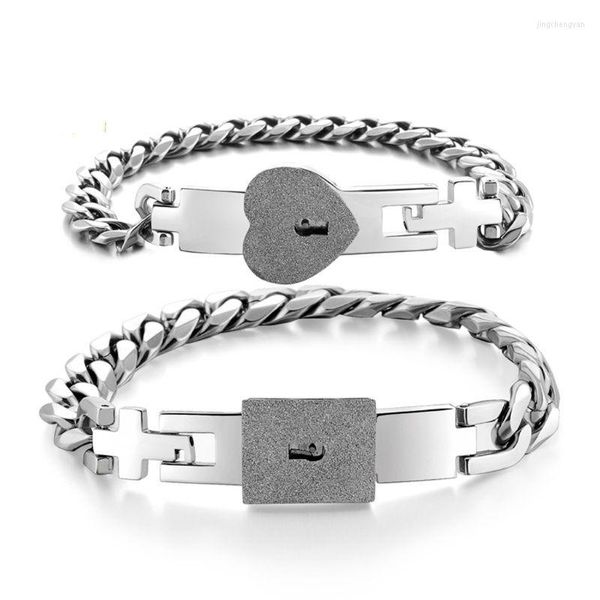 Brazalete 2 Unids Tono Acero Inoxidable Amante Corazón Amor Lock Pulsera Con Brazaletes Clave Kit Pareja GiftBangle