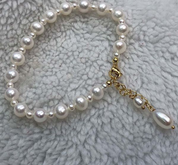 Bracelet jonc 3-6mm blanc perle d'eau douce bracelet 14k chaîne remplie près de pomme de terre ronde