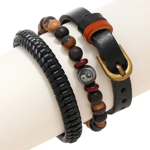 Brazalete 3 pcs/set de moda de madera de moda encanto mujeres mujeres de cuero genuino de cuero hechas de tejido hechas para hombres joyas de pulsera