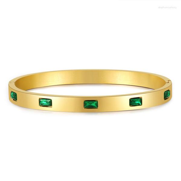 Brazalete de acero inoxidable 316L, apertura versátil francesa Retro para mujer con circonita verde, pulsera que no se desvanece, joyería bohemia