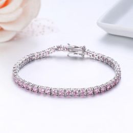 Bracelet 3mm 925 Sterling Argent Cluster Rond Rose CZ Ziron Tennis Bracelets Femmes Pulseras Pulseira Bracelete Bijoux Fille Ami Cadeau