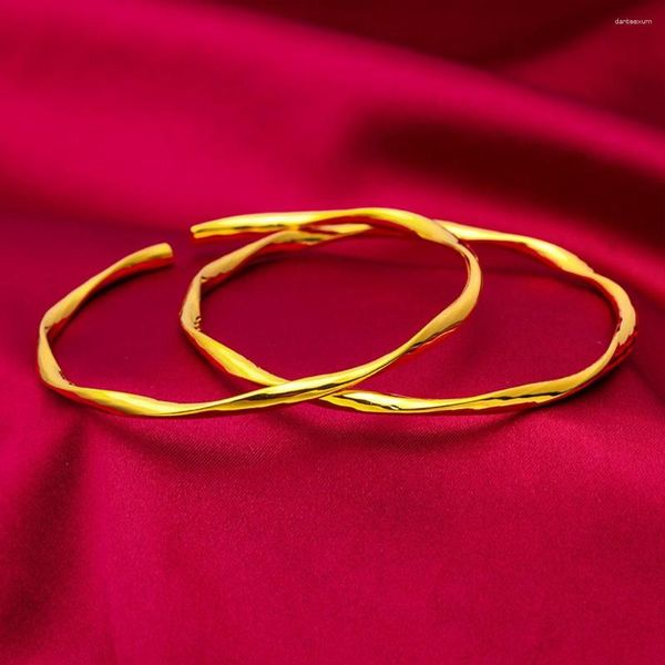 Brazalete de 3 mm de ancho, liso, trenzado, para mujer, pulsera abierta/sin abrir, fino, sólido, oro amarillo de 18 k, relleno, joyería clásica de moda, regalo, diámetro 60m