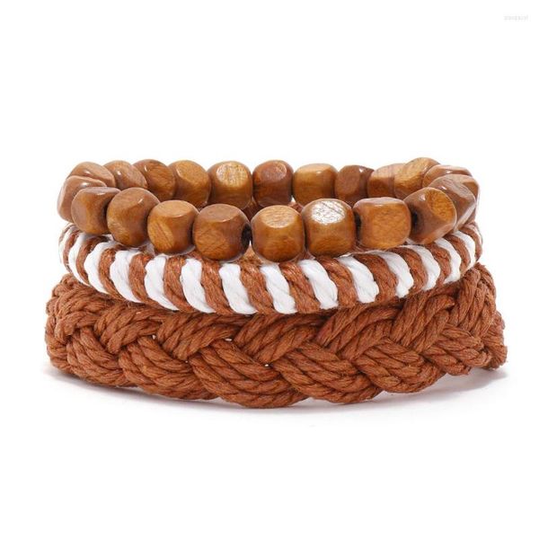 Bracelet 3PCS / Lot Bracelet de perles en bois fait à la main pour hommes Classique Brown Weave
