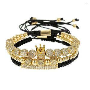 Bracelet 3Pcs / Set Couples Bijoux Mode Perles De Cuivre Zircon Roi Couronne Charme Bracelet De Luxe Hip Hop Pour Wome Hommes