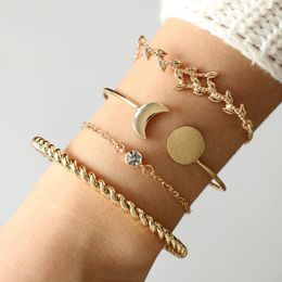 Bracelet 4 pièces ensemble de bracelets pour femmes 2022 filles Vintage lune et soleil manchette simple chaîne en cristal bracelets bijoux accessoires cadeau