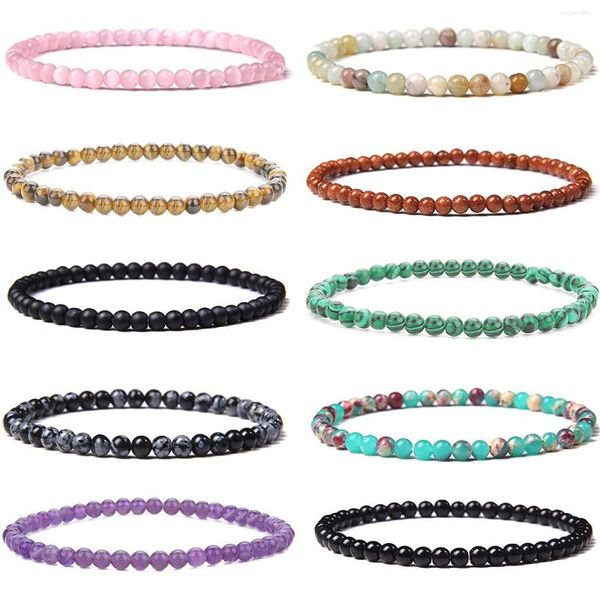 Brazalete de cuentas de chakra de 4 mm, pulsera de energía, ágatas redondas naturales, brazaletes elásticos de piedra de ónix para mujeres y hombres, joyería de yoga hecha a mano