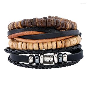 Bracelet 4 pièces/ensemble Boho Gypsy Hippie Punk noir cordon enroulé cuir marron perles en bois couches empiler Bracelets ensembles pour homme