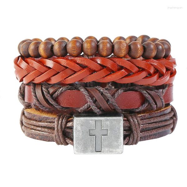 Bracelet 4 pièces/ensemble tressé Wrap Bracelets en cuir véritable pour hommes Vintage croix charme bois perles ethnique Tribal bracelets