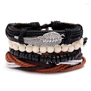 Bracele 4pcs / ensemble bracelets en cuir enveloppe tressée à la main Hommes Vintage Wing Wood Perles de bois réglables ethniques ethniques