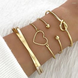 Bracelet 4pcs / ensemble Simplicité tendance Couleur or Open Cuff Metal Bangles pour femmes Bracelets réglables Twist Heart Set Punk Jewelry Cadeaux