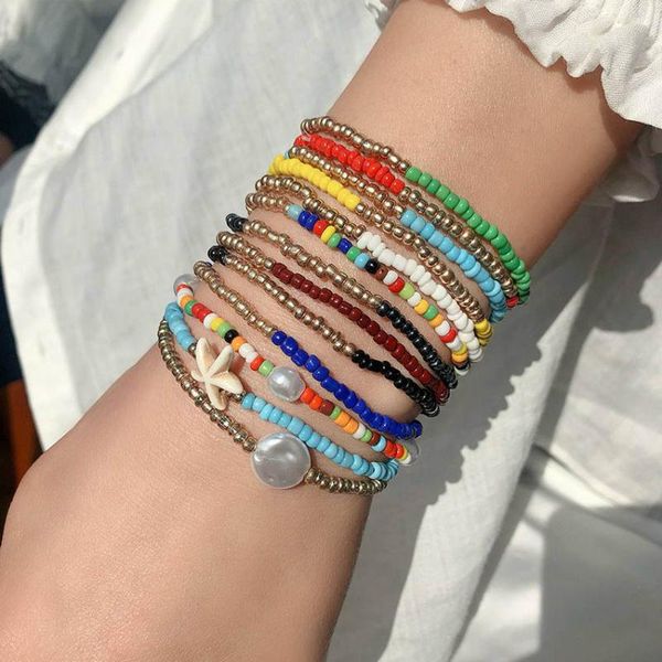 Brazalete de 5 unidades por juego, brazaletes elásticos con cuentas de semillas de colores en capas para mujer, pulseras con dije de estrella de mar y perlas barrocas, joyería de moda de verano