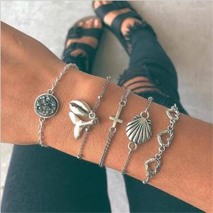 Bangle 5 pc's/ Set Silver Fashion Bracelet Shell Fishtail Hollow Love Bangles For Women Wedding Beach Party Friends Gift Sieraden