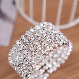 Bracelet 5 rangs mariage nuptiale grand cristal plaqué argent et couleur or métal large côté ouvert bracelets pour femmes