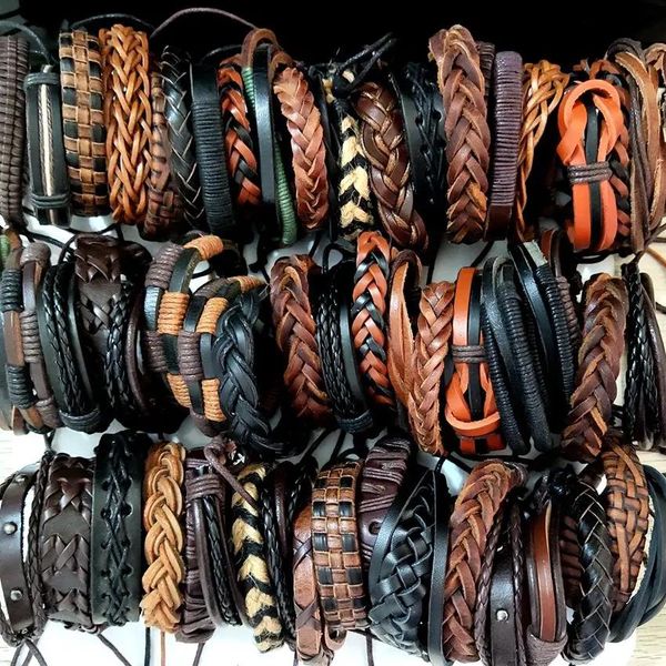 Brazalete 50 unids/lote envoltura multicapa cuerda trenzada pulsera de cuero hombre mujer punk pulseras brazalete se puede ajustar al por mayor brazaletes para niños