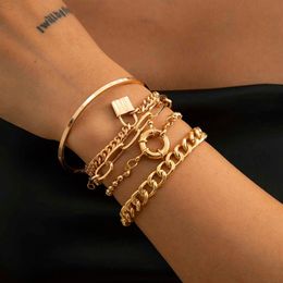 Bangle 5pcs / Set Bohème Punk Cubain Chaîne Bracelets Ensemble pour Femmes Serrure Serpent Lien Charme Bracelets Bracelets Couple Mode Poignet Jew218S