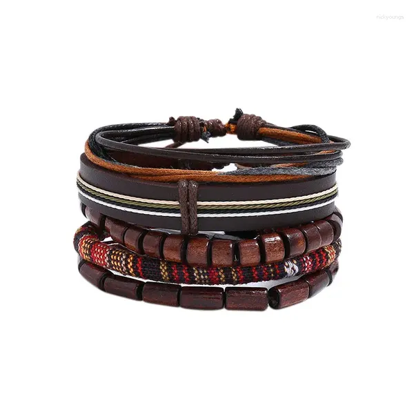 Brazalete 5 unids / set Pulsera de cuero genuino trenzada hecha a mano para hombres Cuentas de madera con dijes vintage Pulseras ajustables étnicas tribales DIY