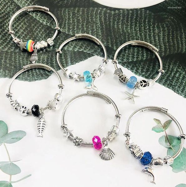 Bracelet 6 modèles étoile de mer buccin coquille de mer charme bricolage perles bracelet en acier inoxydable pour femmes filles