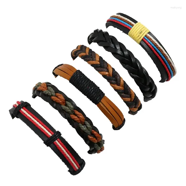 Brazalete 6 unids/set mezcla tejido hecho a mano Charm Wrap hombres pulseras de cuero genuino para mujeres brazaletes joyería masculina ajustable al por mayor 2024