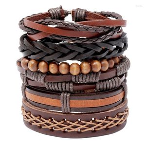 Bangle 6 pc's/set vintage houten kralen Meerlagige lager lederen armband mannen mode gevlochten handgemaakte handgemaakte wrap armbanden armbanden